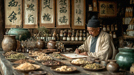 An elderly Asian man with gray hair sits at a wooden table covered with various herbs and spices. Traditional Chinese calligraphy adorns the walls behind him.