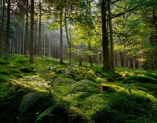 the forest is a deep green with an abundance of lush plants grass and trees