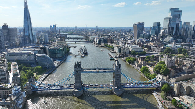 Aerial drone photo of iconic Tower Bridge and City of London skyline a true financial capital, United Kingdom
