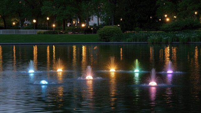 Vibrant light displays from water fountains dance in the reflecting pond near the White House, creating a mesmerizing evening view