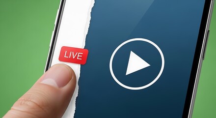 Finger taps live stream play button on mobile phone screen