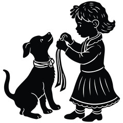 Girl and Dog Silhouette Playing with Leash Pet Companion on White Background