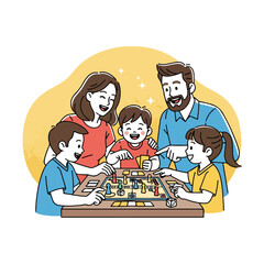 Cheerful family enjoys playing board game together at home for family time