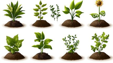 Isometric icons display various plants and stylish money banks designed in minimalistic 3D clay with soft lighting and shadows