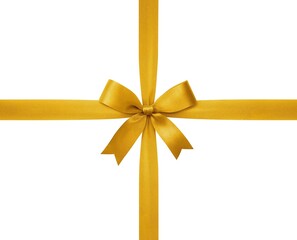 Golden ribbon with a shiny decorative bow on a white background