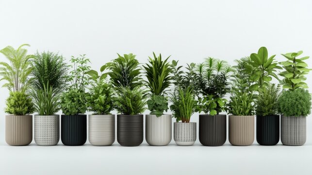 Isometric icons display various plants and stylish money banks designed in minimalistic 3D clay with soft lighting and shadows