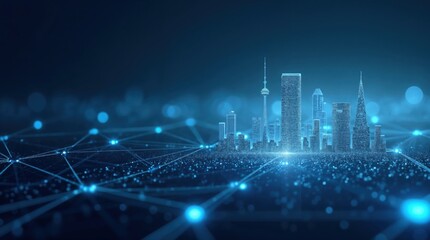 A futuristic city skyline illuminated in blue tones, showcasing modern skyscrapers and a network of digital connections