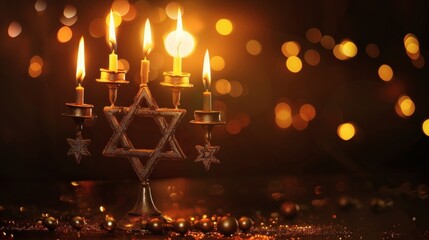 Elegant menorah glows with candlelight against a bokeh backdrop, evoking warmth and tradition for holiday celebrations and cultural events worldwide