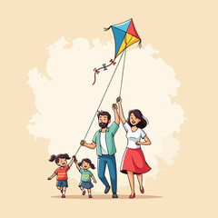 Joyful family flying a kite together on a bright, sunny day