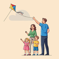 Joyful family flying a vibrant kite on a sunny day, creating happy memories