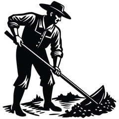 Farming Silhouette Icon Depicts a Farmer Working with a Hoe on White Background