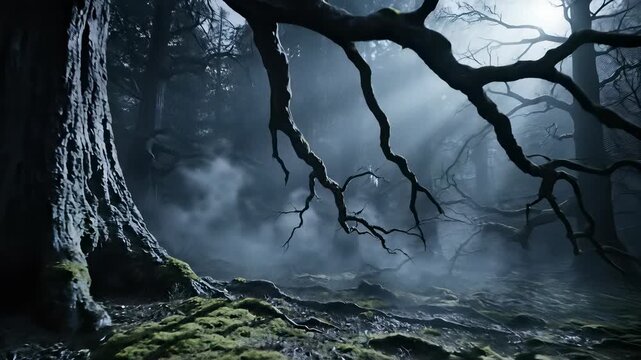 Towering ancient tree stands resilient against the eerie, moss covered forest floor in this hauntingly beautiful 4K UHD scene, capturing the mysterious atmosphere of a horror movie or.