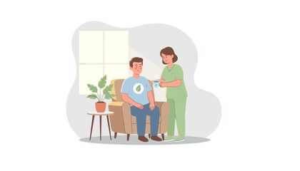 Home care nurse offers a soothing hot drink to a resting patient in a cozy room