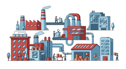 Fototapeta premium Industrial factory complex illustration manufacturing production logistics and labor supply chain