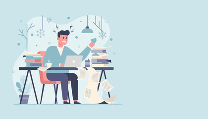 Burnout Frustrated worker overloaded with deadlines and paperwork during winter season