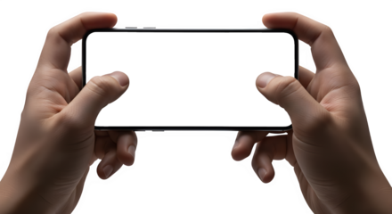 Hands holding phone in landscape mode perfect for app promotion use