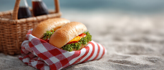 Beach picnic sandwich, red checkered cloth, wicker basket, summer snack, coastal vibe