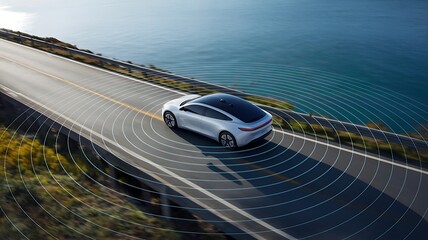 Autonomous electric car driving on coastal road with sensing technology