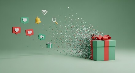 Gift box with social media icons and confetti on green background