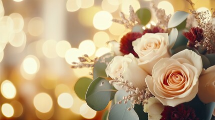 Bouquet features roses and eucalyptus leaves in warm fall tones, illuminated by soft sunlight in a charming city cafe setting