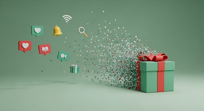 Gift box with social media icons and confetti on green background - Powered by Adobe
