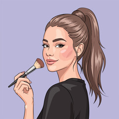 Young woman applies makeup with brush, creating a flawless look