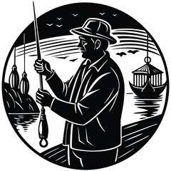 Fisherman Silhouette Illustration, Vector Art of Man Fishing on the River on White Background