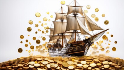 a ship navigating through a sky of falling gold coins realistic background depicting wealth and ambition isolated on a white background with ample copy space