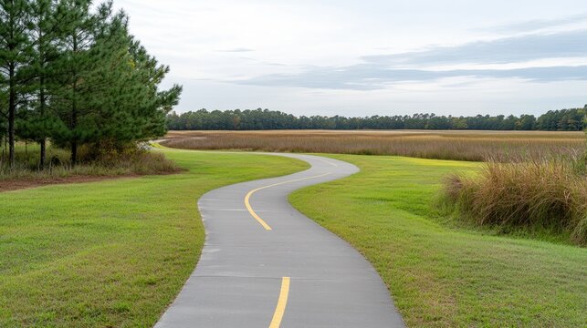 Curving road leads toward the horizon in South Carolina, bordered by trees and open fields under bright blue skies