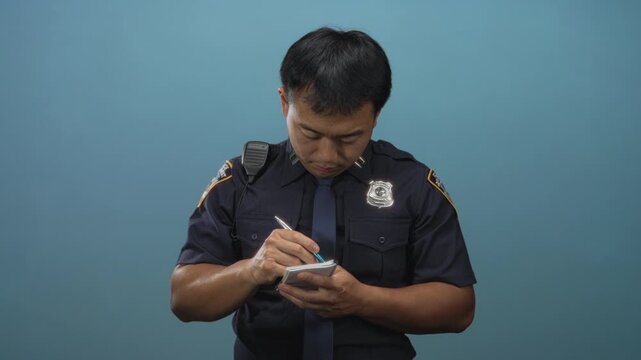 Young chinese policeman in dark blue uniform holding pen and writing notepad against a blue studio wall; duty.