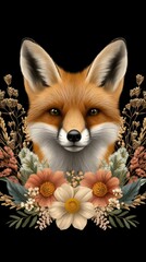 Obraz premium Portrait of a fox surrounded by intricate floral designs, rendered in warm colors with a gothic touch, perfect for t-shirt printing