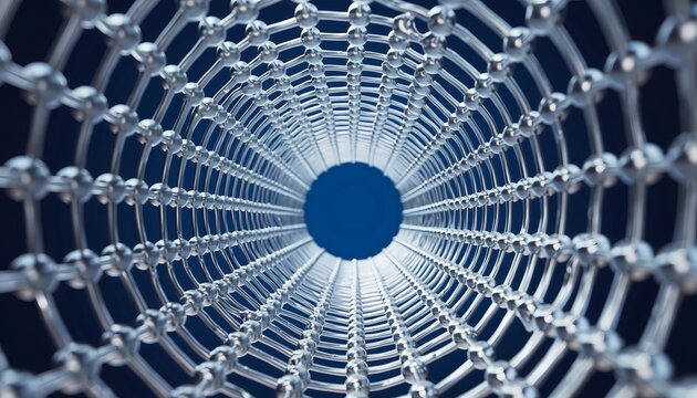 A stunning, abstract close-up view looking down the center of a perfectly rendered, reflective carbon nanotube