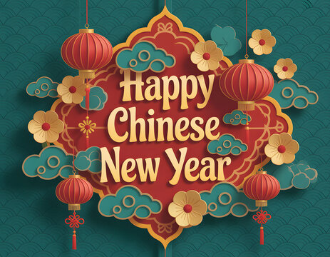 chinese new year till blue background with golden flowers clouds and red lanterns