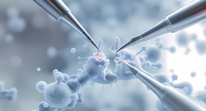A compelling conceptual image illustrating nano-scale repair or microsurgery. Stylized, metallic microscopic tools or 'nanobots' precisely