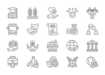 Sector of society thin line icon set. Containing education, agriculture, healthcare, technology, energy, transportation, arts, justice, finance, communication. Vector illustration