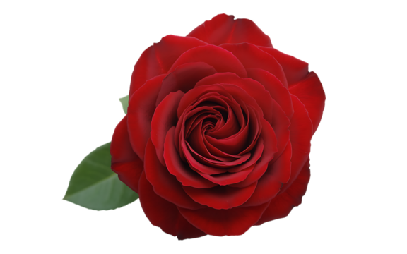 Close up of a single vibrant red rose with delicate petals and a single green leaf against a stark black background