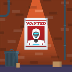 wanted poster with robot  portrait on brick wall on the street vector illustration