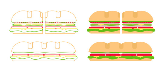 sub sandwiches fast food line flat vector illustration 