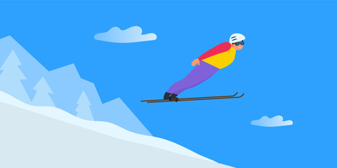 man ski jumping winter sport competition vector illustration