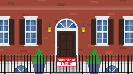 brick house facade private property sign fence vector illustration