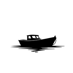 Silhouette of a classic fishing boat with cabin, floating on calm water