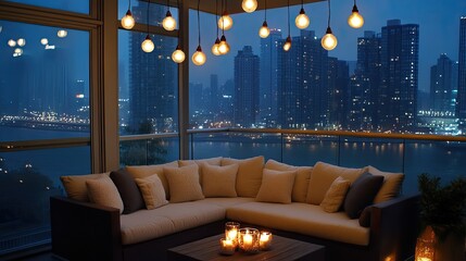 Obraz premium Enjoy a cozy evening on a modern balcony adorned with fairy lights, overlooking the vibrant city lights of New York