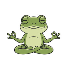 Cartoon frog in lotus position with closed eyes, practicing meditation