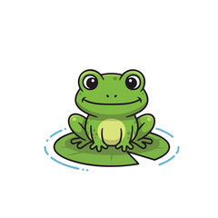 Cartoon Green Frog Sitting on a Lily Pad with Water Droplets