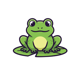 Cartoon Green Frog Sitting on Lily Pad with Smiling Expression