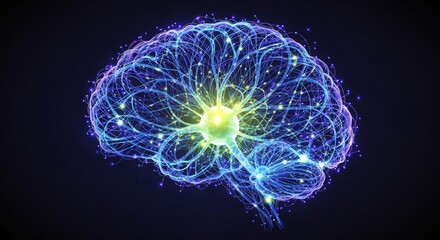Abstract visualization of a human brain's neural network activity, showcasing glowing connections and impulses