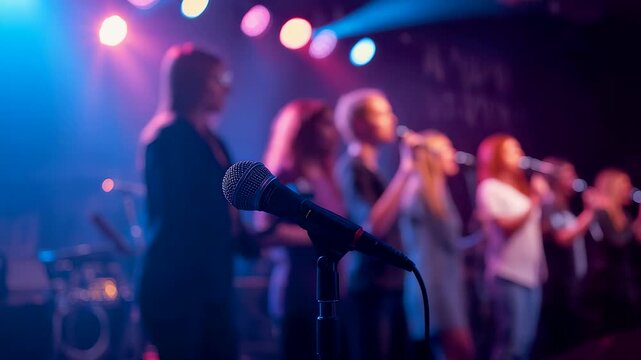 Colorful Stage Lights on Singers Performing Live with Microphone in Concert Venue