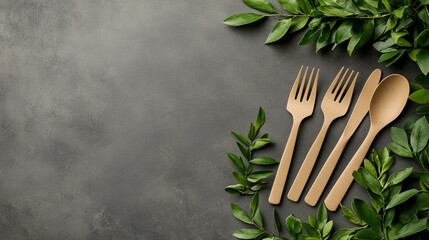 Brown craft bags filled with wooden cutlery and surrounded by green leaves, showcasing an eco-friendly food delivery approach