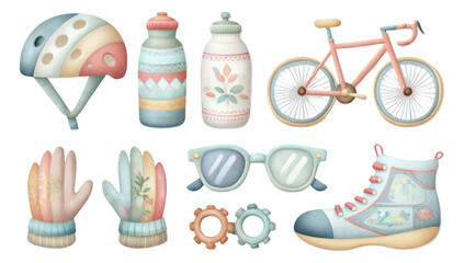 Colorful Cycling Accessories Collection with Helmet, Bike, Bottles, and Gloves