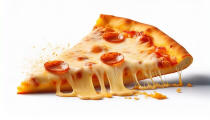 delicious pizza slice with gooey cheese stretching white isolated background